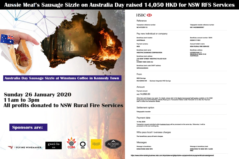 Aussie Meat’s Sausage Sizzle on Australia Day raised 14,050 HKD for NSW RFS Services