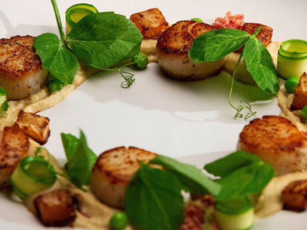 Caramalised Scallops and a Caramalised Shallot Puree with Spring Greens | US Scallops | Meat Delivery