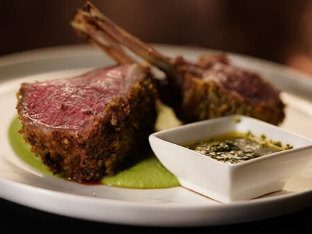 Lamb Rack With Pea & Mint Purée and Asian Salsa Verde | Lamb Rack | Meat Delivery | Butcher