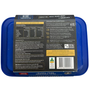 Back of a blue food container with nutritional information and preparation directions. - Wholesale Australian Lightly Seasoned Chargrilled Chicken Breast (400g) | Buy 8 Get 2 Free