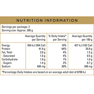 Nutrition information table for a food product with gold header and white background - Wholesale Australian Lightly Seasoned Chargrilled Chicken Breast (400g) | Buy 8 Get 2 Free