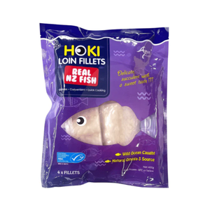 Pack of Hoki loin fillets with a purple packaging design on a white background - New Zealand Hoki Boneless and Skinless Fillets (4 Pieces/Pack, 400g)