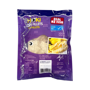 Purple package of Hoki fish fillets with visible branding and product images on a white background - New Zealand Hoki Boneless and Skinless Fillets (4 Pieces/Pack, 400g)