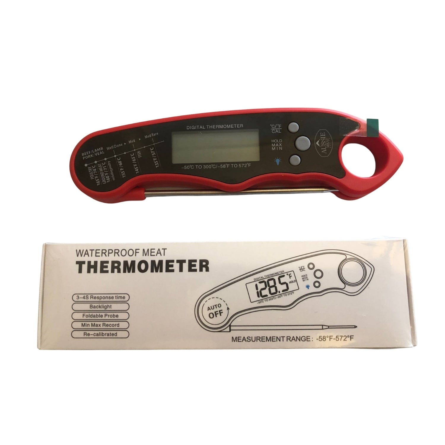 Digital thermometer with red casing on a white background - AMG Steak Thermometer