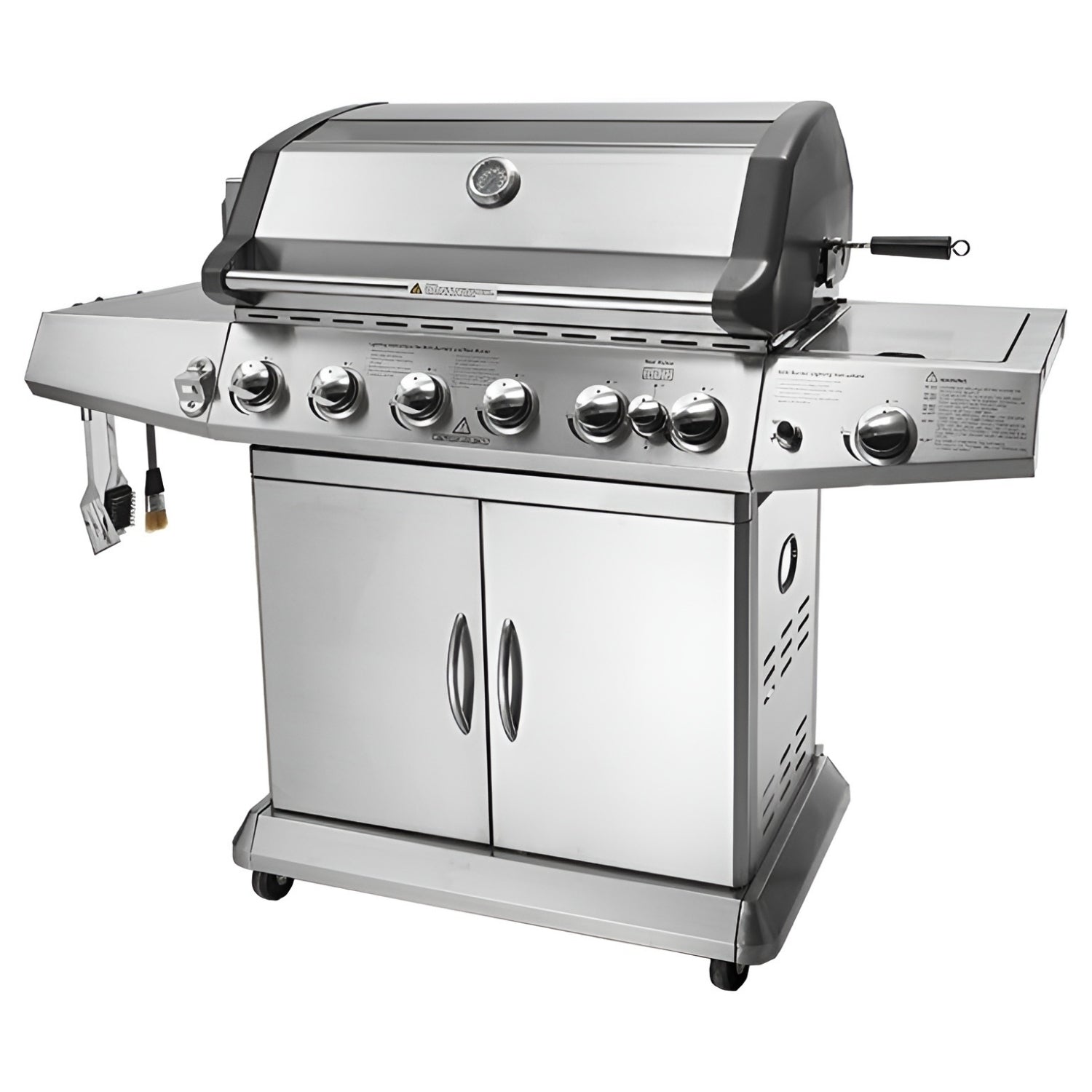 Stainless steel gas grill on a white background - BQ137 (6 + 1 Burners With Side-Burner Gas Barbecue Grill) | Delivery & Cover