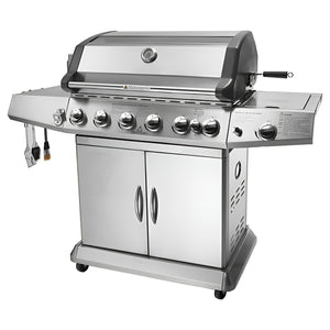 Stainless steel gas grill on a white background - BQ137 (6 + 1 Burners With Side-Burner Gas Barbecue Grill) | Delivery & Cover