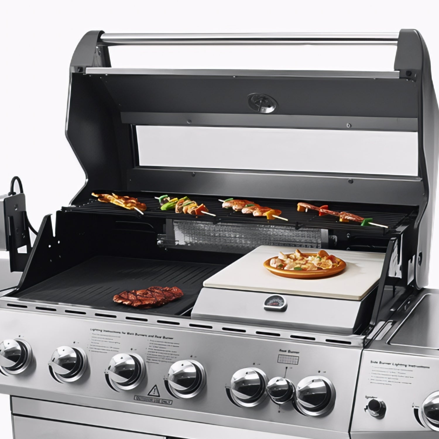 Stainless steel grill with various food items on different cooking surfaces - BQ137 (6 + 1 Burners With Side-Burner Gas Barbecue Grill) | Delivery & Cover