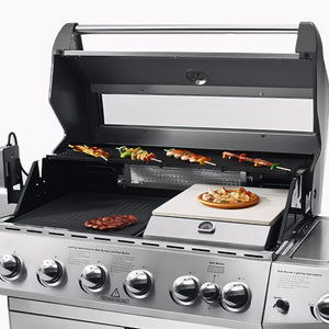 Stainless steel grill with various food items on different cooking surfaces - BQ137 (6 + 1 Burners With Side-Burner Gas Barbecue Grill) | Delivery & Cover