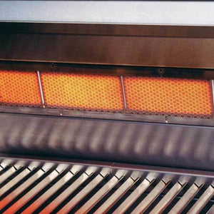 Close-up of a grill with glowing orange heating elements - BQ137 (6 + 1 Burners With Side-Burner Gas Barbecue Grill) | Delivery & Cover