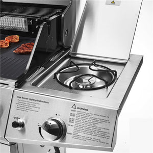 Stainless steel portable stove with side burner and griddle, showing cooking instructions. - BQ137 (6 + 1 Burners With Side-Burner Gas Barbecue Grill) | Delivery & Cover