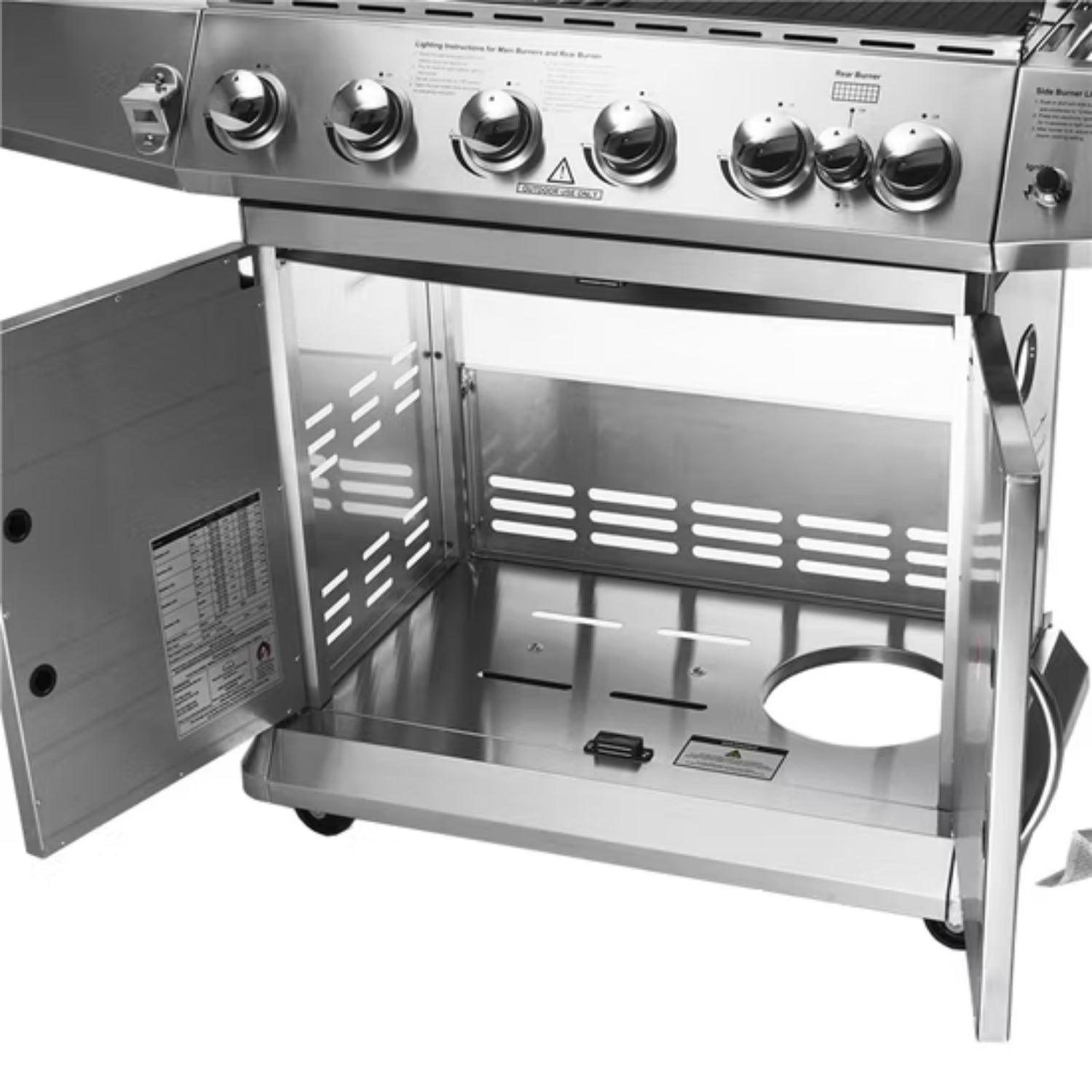 Stainless steel grill with open lid on a white background - BQ137 (6 + 1 Burners With Side-Burner Gas Barbecue Grill) | Delivery & Cover