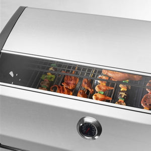 Silver grill with food being cooked inside, on a white background - BQ137 (6 + 1 Burners With Side-Burner Gas Barbecue Grill) | Delivery & Cover