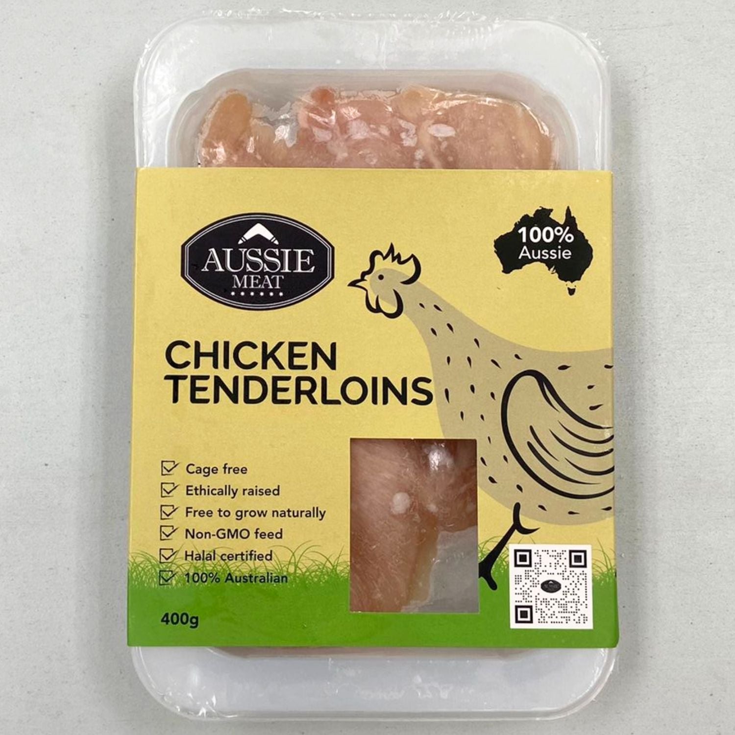 Packaged chicken tenderloins with Aussie Meat branding on a light gray background - Australian Hormone Free Chicken Tenderloins (400g)