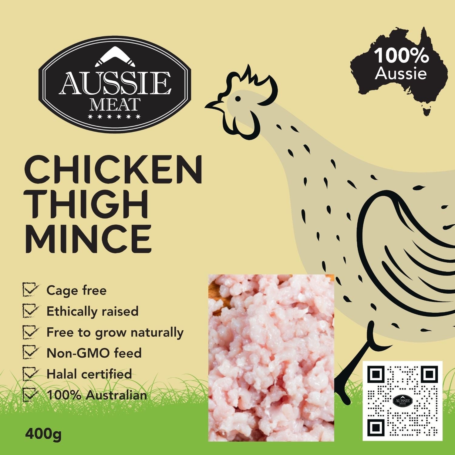 Aussie Meat chicken thigh mince packaging with a chicken illustration and product image on a beige background. - Australian Hormone Free Chicken Thigh Mince (400g)