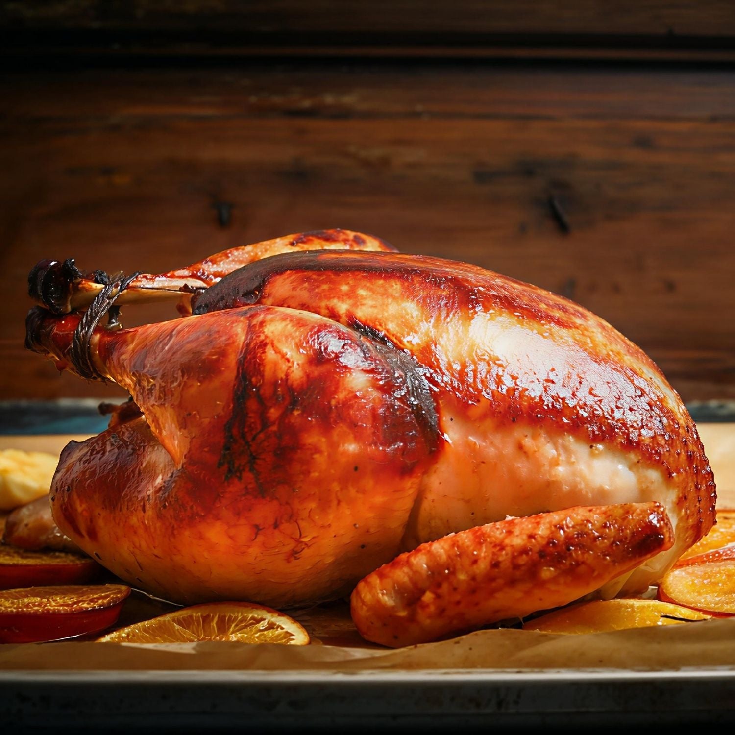 Roasted chicken on a wooden surface with oranges and carrots - 澳洲無激素全雞(1.6公斤)|買三送一
