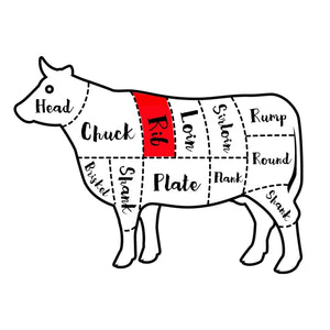 Diagram of a cow with labeled cuts of meat, highlighting the rib section in red. - 澳洲優質黑安格斯斧頭扒
