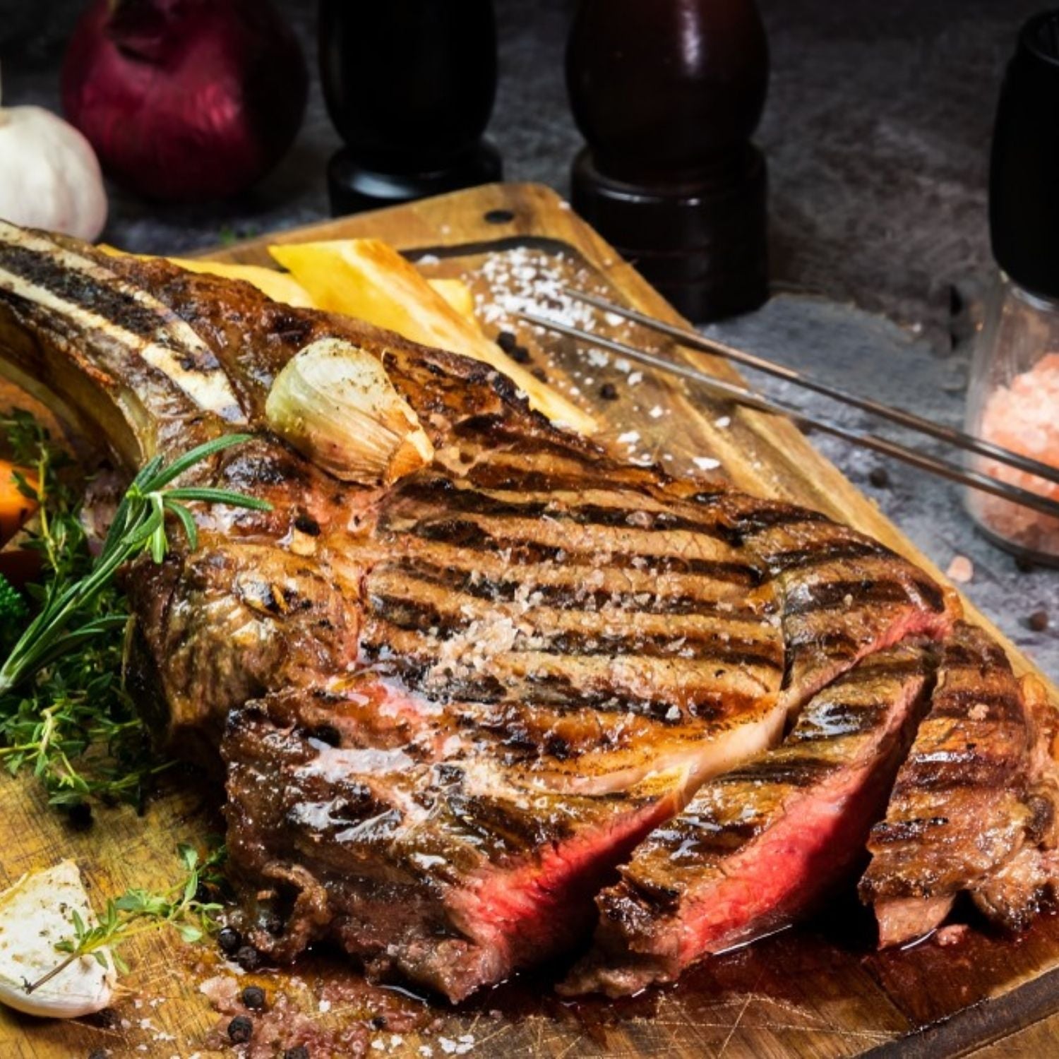 Grilled tomahawk steak on a wooden cutting board with herbs and garlic, set against a rustic background. - 澳洲優質黑安格斯斧頭扒