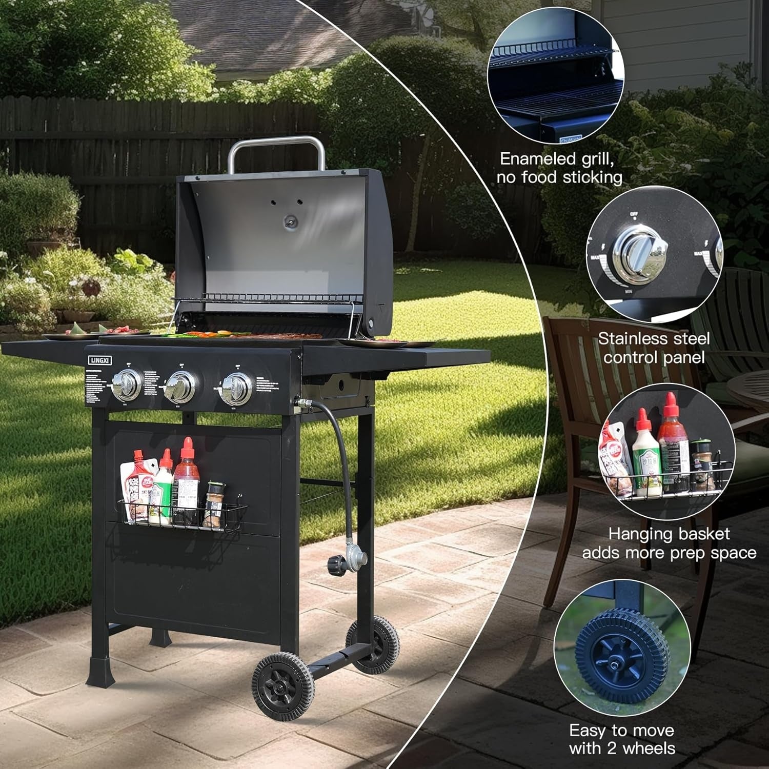 Black barbecue grill with features highlighted on a patio - BQ133S 不銹鋼 (三頭燃氣燒烤爐)包交付和組裝