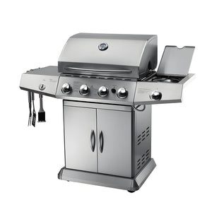 Stainless steel grill with multiple burners on a white background - BQ134 (4 Burners With Side-Burner Gas Barbecue Grill) | Delivery & Cover