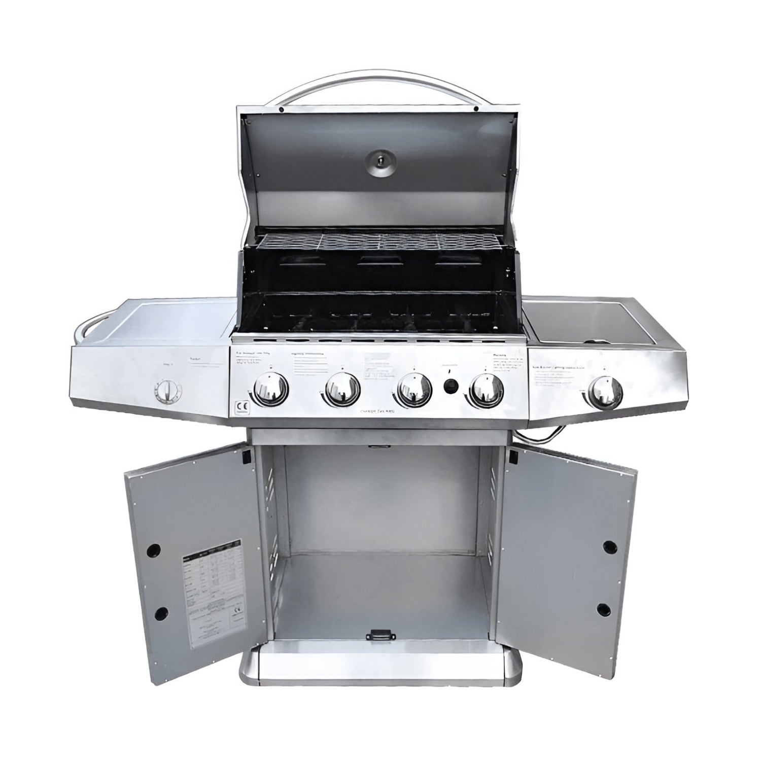 Stainless steel gas grill with open doors on a white background - BQ134 (4 Burners With Side-Burner Gas Barbecue Grill) | Delivery & Cover
