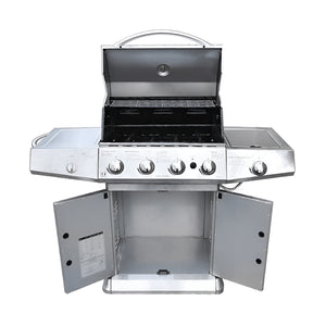 Stainless steel gas grill with open doors on a white background - BQ134 (4 Burners With Side-Burner Gas Barbecue Grill) | Delivery & Cover