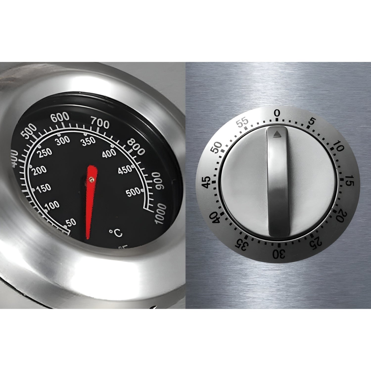 Two temperature control knobs on a metallic background - BQ134 (4 Burners With Side-Burner Gas Barbecue Grill) | Delivery & Cover