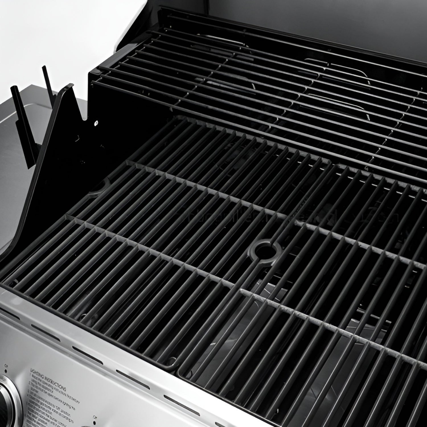 Close-up of a grill with metal grates on a white background - BQ134 (4 Burners With Side-Burner Gas Barbecue Grill) | Delivery & Cover