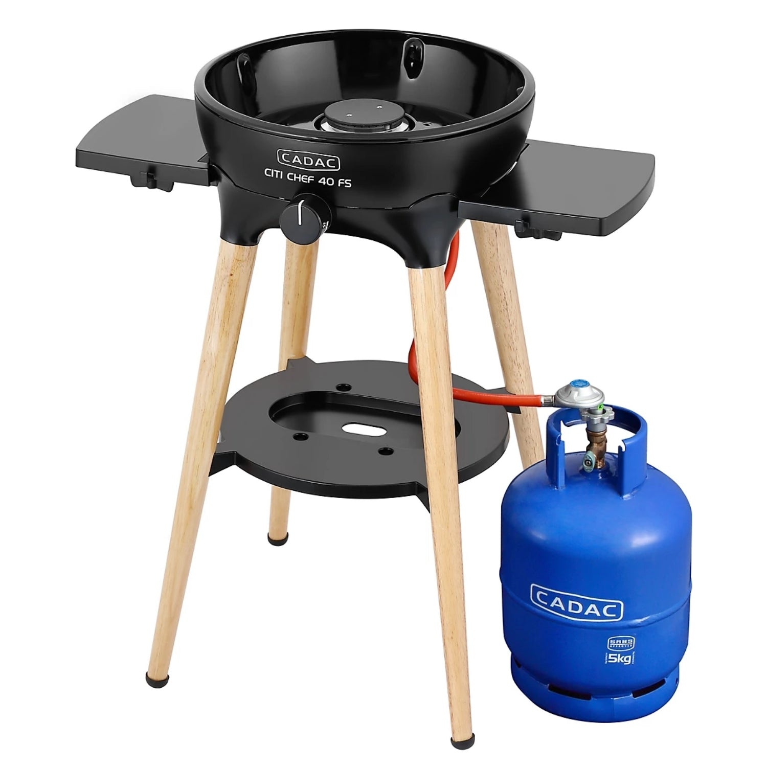 Black portable stove with wooden legs and a blue gas canister on a white background - Cadac Citic Chef 40 FS |燒烤爐