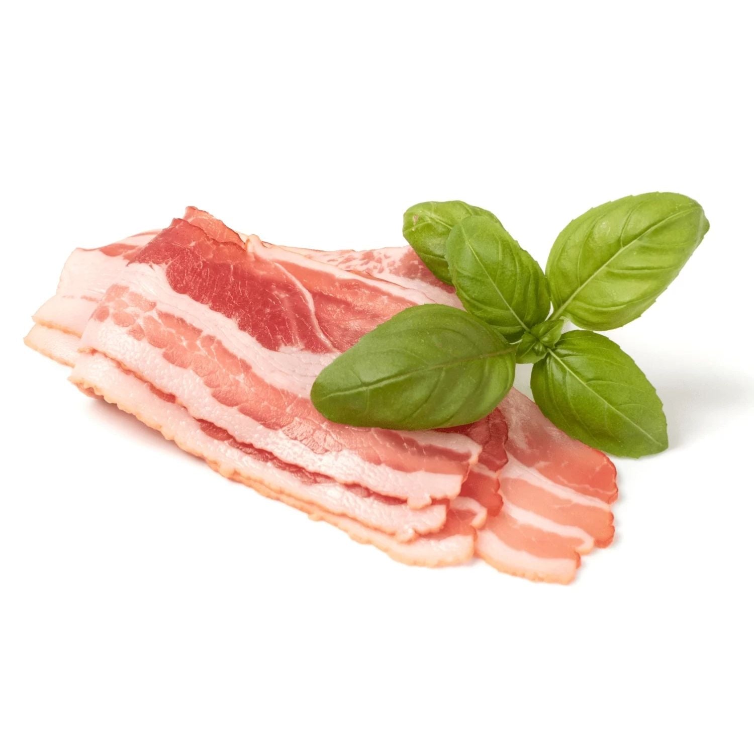Raw bacon slices with basil leaves on a white background - 荷蘭煙燻五花腩煙肉(200克)