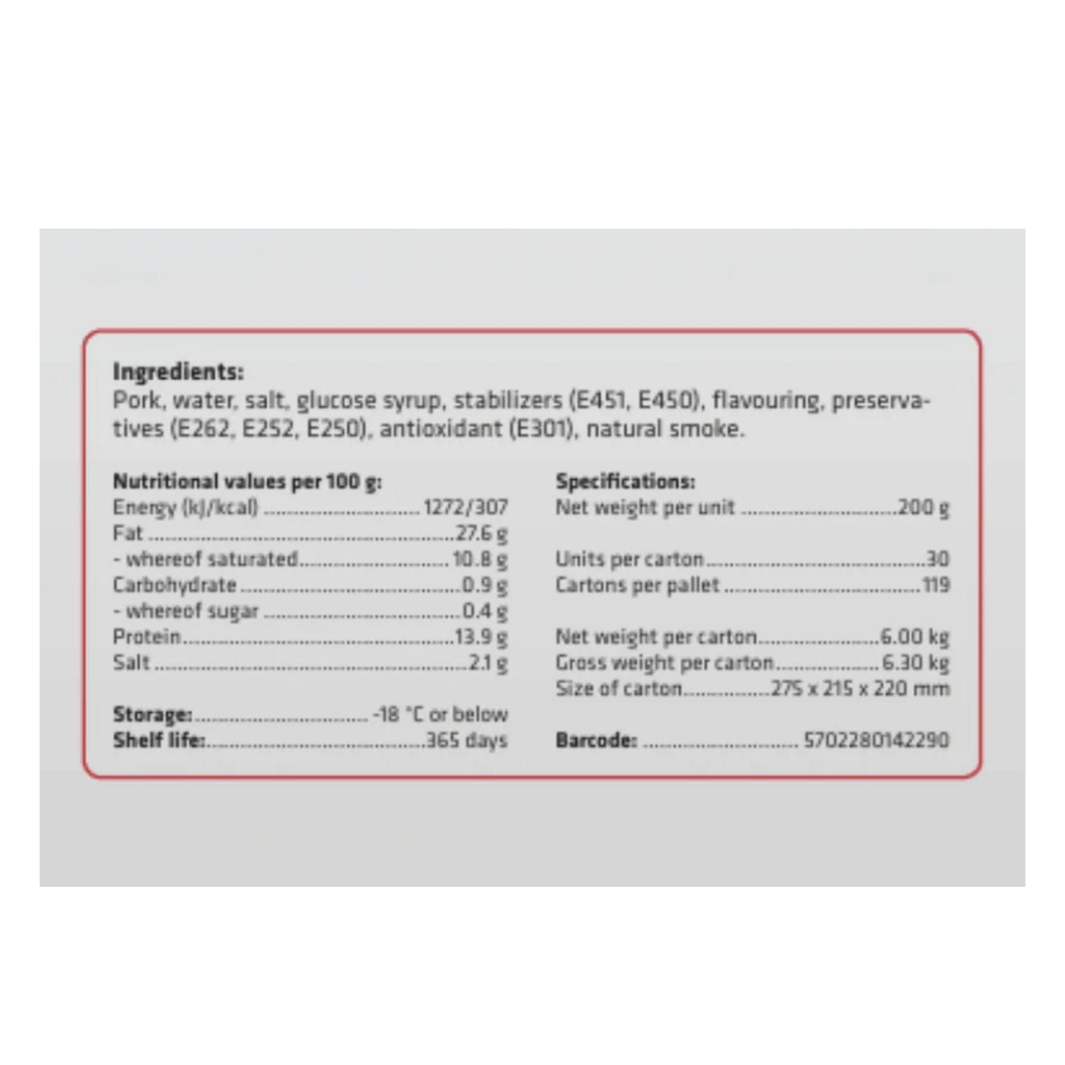 Product label of streaky bacon with ingredients, nutritional values, and specifications on a white background - 荷蘭煙燻五花腩煙肉(200克)