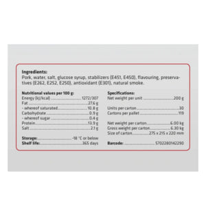 Product label of streaky bacon with ingredients, nutritional values, and specifications on a white background - 荷蘭煙燻五花腩煙肉(200克)