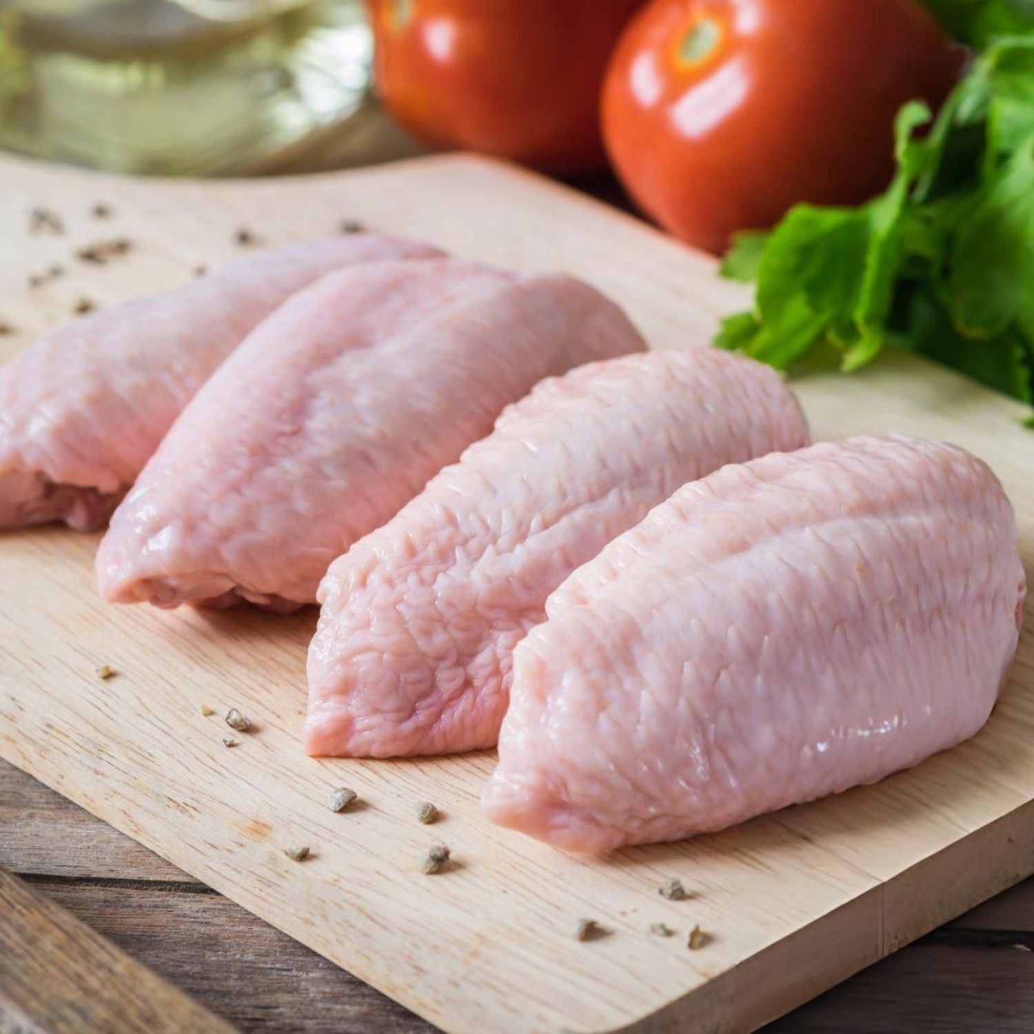 Raw chicken wings on a wooden cutting board with tomatoes and lettuce in the background. - EU Hormone Free Chicken Mid-Wings (908g)