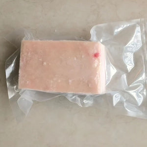 Raw pork belly in clear plastic packaging on a beige surface - EU Hormone Free Pork Belly Rind-On (1kg)
