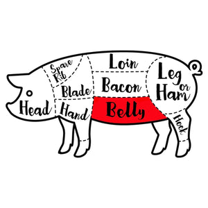 Diagram of a pig showing meat cuts with labels on a white background highlighting belly on red - EU Hormone Free Pork Belly Rind-On (1kg)