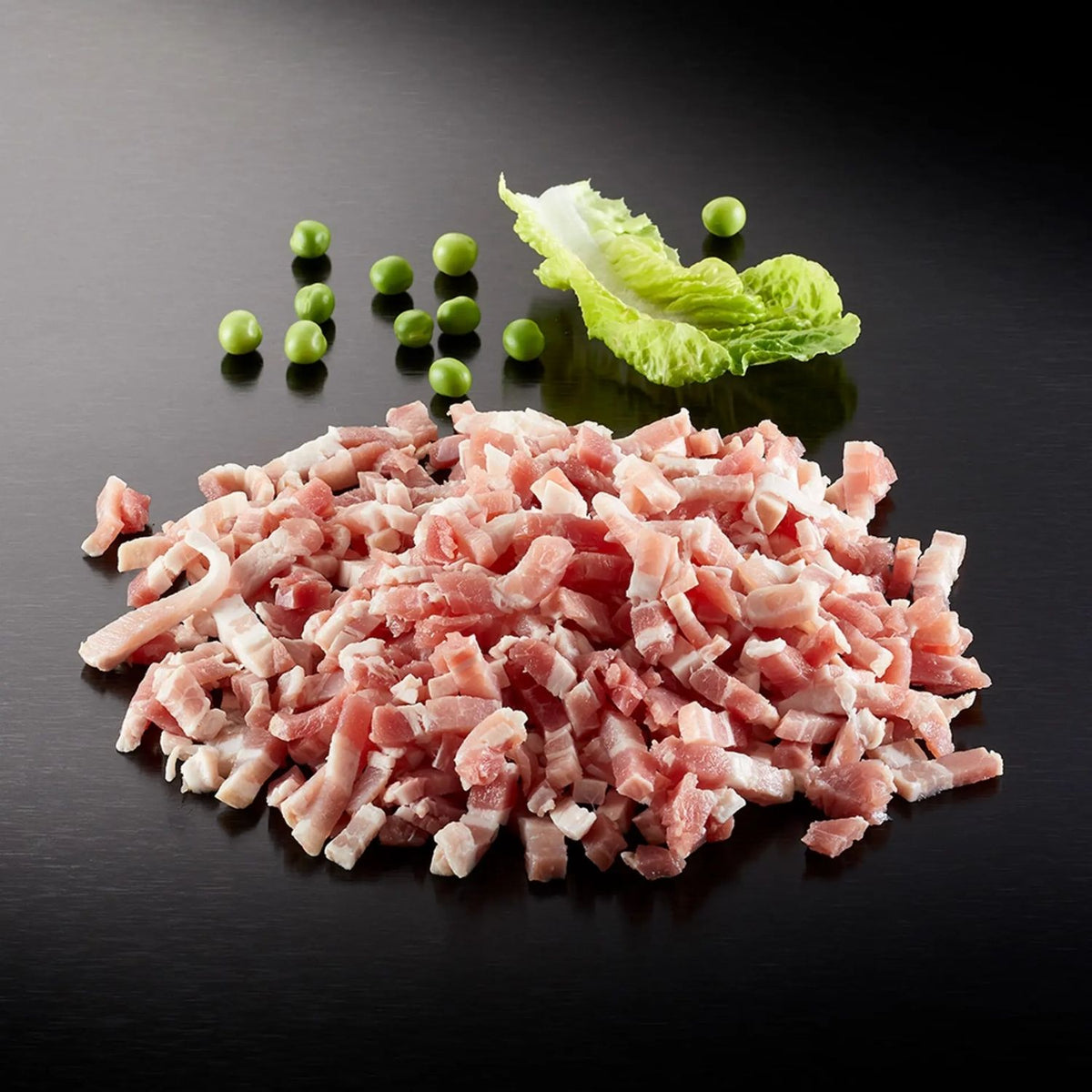 Bacon topping with green peas and lettuce on a black surface - EU Hormone Free Smokey Bacon Topping (1kg)