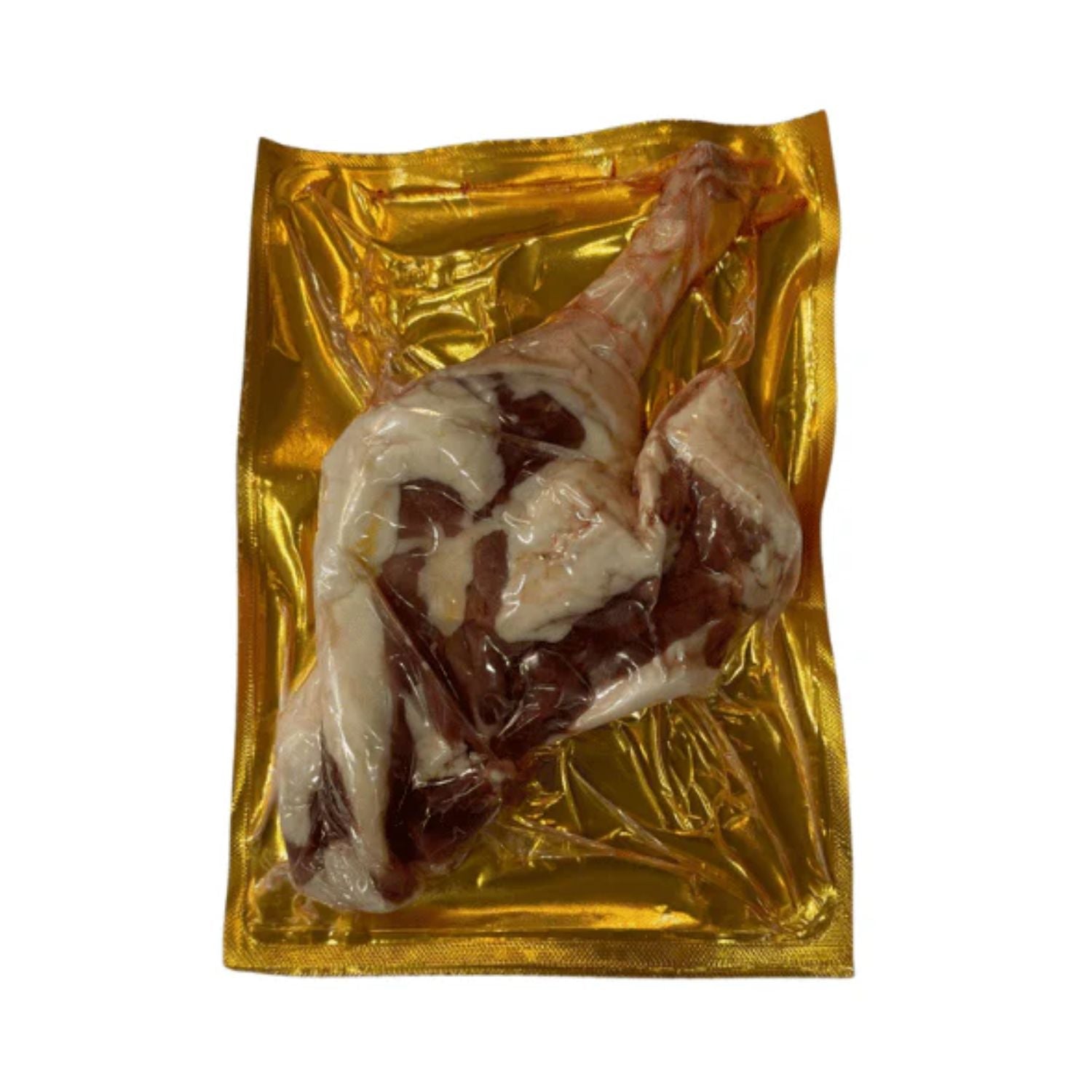 Raw duck legs in a gold packaging on a white background - 無激素法國連皮鴨髀