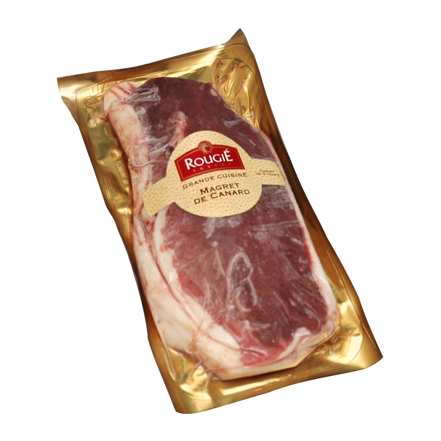A vacuum-sealed package of Rougié Magret de Canard on a plain white background. - French Hormone Free Moulard Duck Breast Skin-On Boneless Fillet