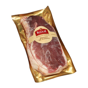 A vacuum-sealed package of Rougié Magret de Canard on a plain white background. - French Hormone Free Moulard Duck Breast Skin-On Boneless Fillet