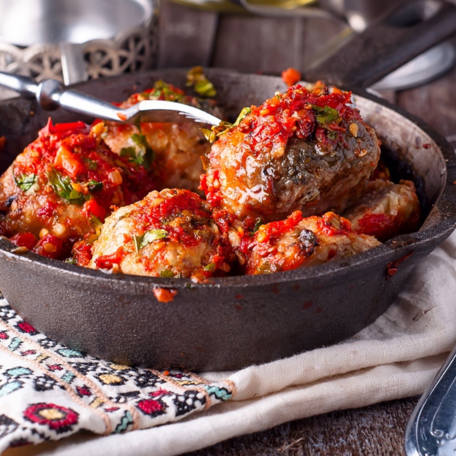 Meatballs with red sauce in a cast iron skillet on a patterned cloth - 紐西蘭優質草飼瘦免治牛肉（〜85％VL，500克）