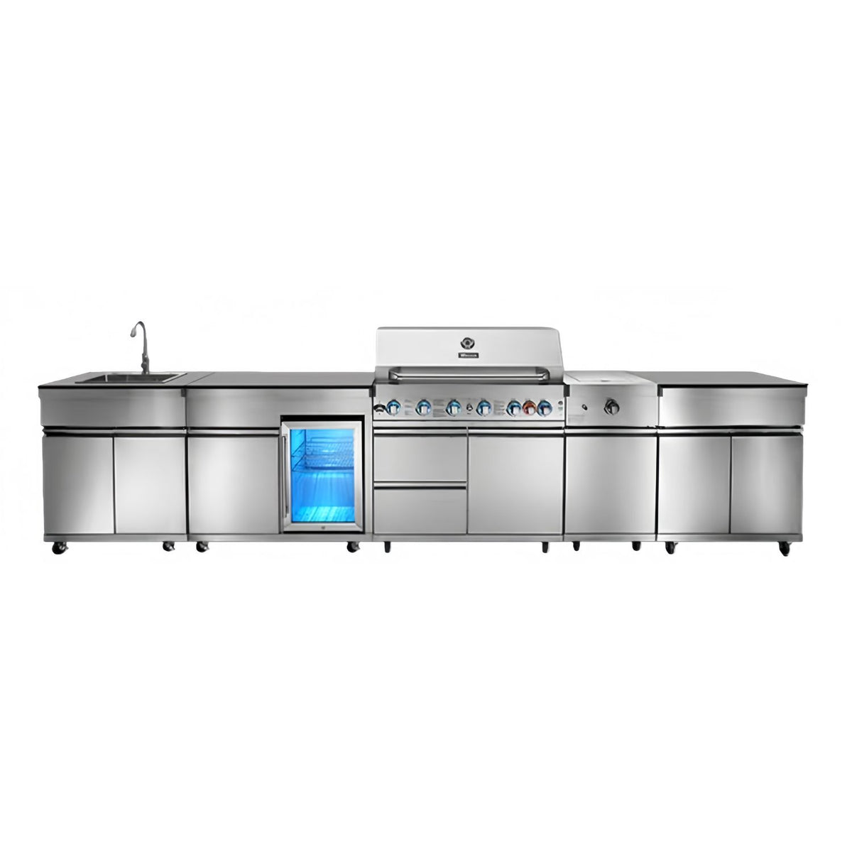 OMG Modular Outdoor Kitchen & Fridge (6 + 1 Burners Gas BBQ Grill, Sink, Side Burner & Fridge) - Aussie Meat