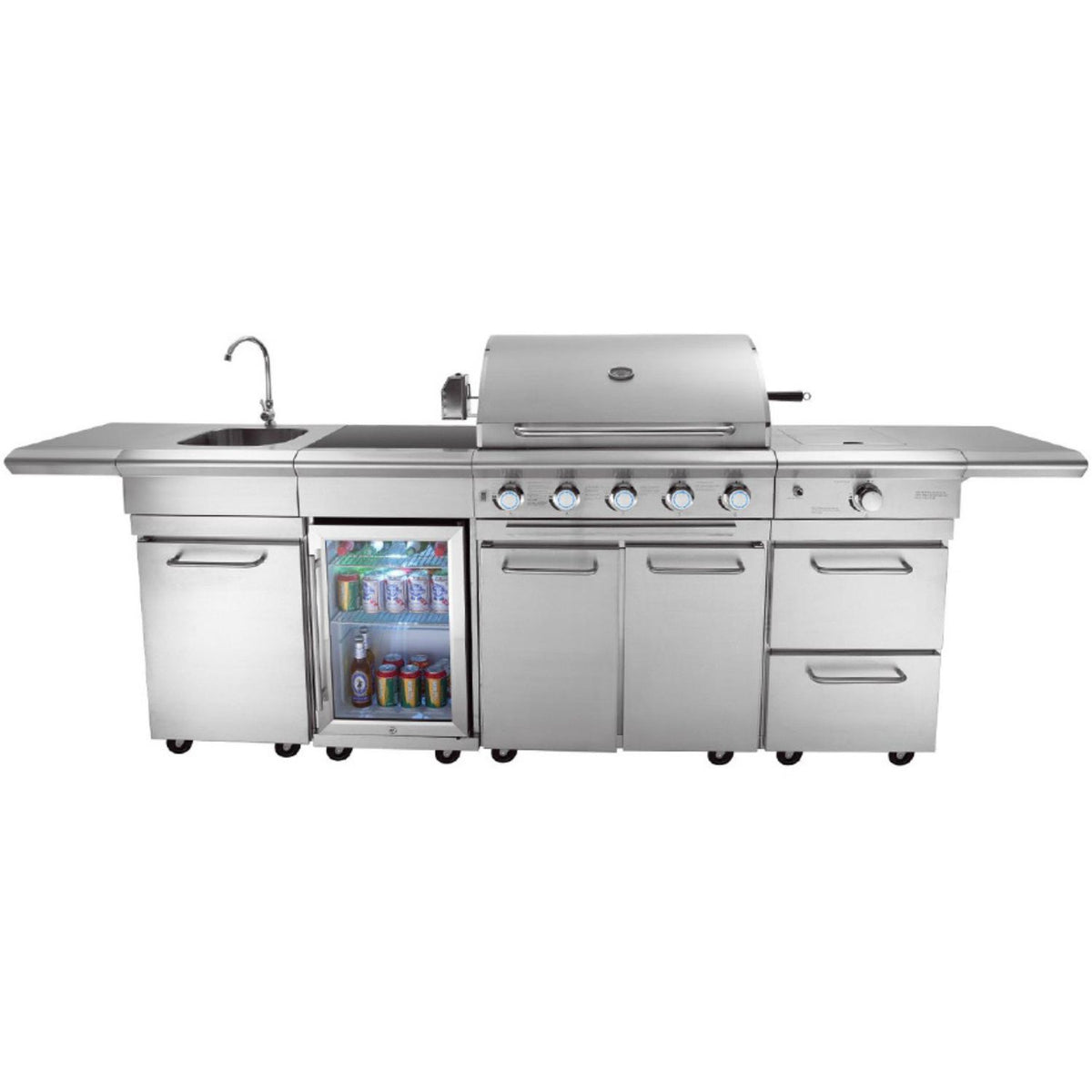 OMG Modular Outdoor Kitchen & Fridge (5 Burners Gas BBQ Grill, Tap, Sink & Side Burner) - Aussie Meat