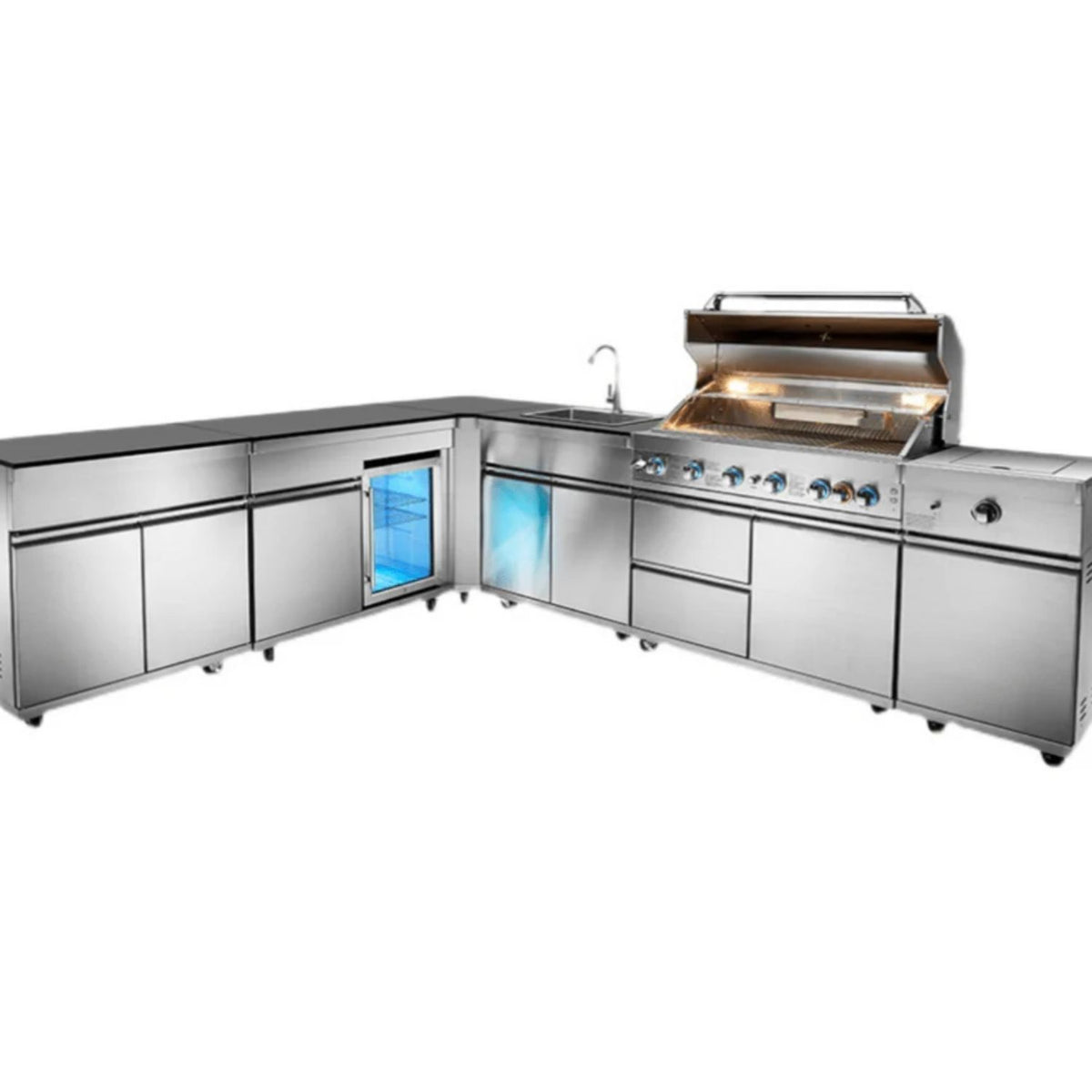 OMG Modular Outdoor L-Shape Kitchen (Large) & Fridge (6 + 1 Burners Gas BBQ Grill, Tap, Sink Side Burner, Fridge, Corner & Cabinet) - Aussie Meat