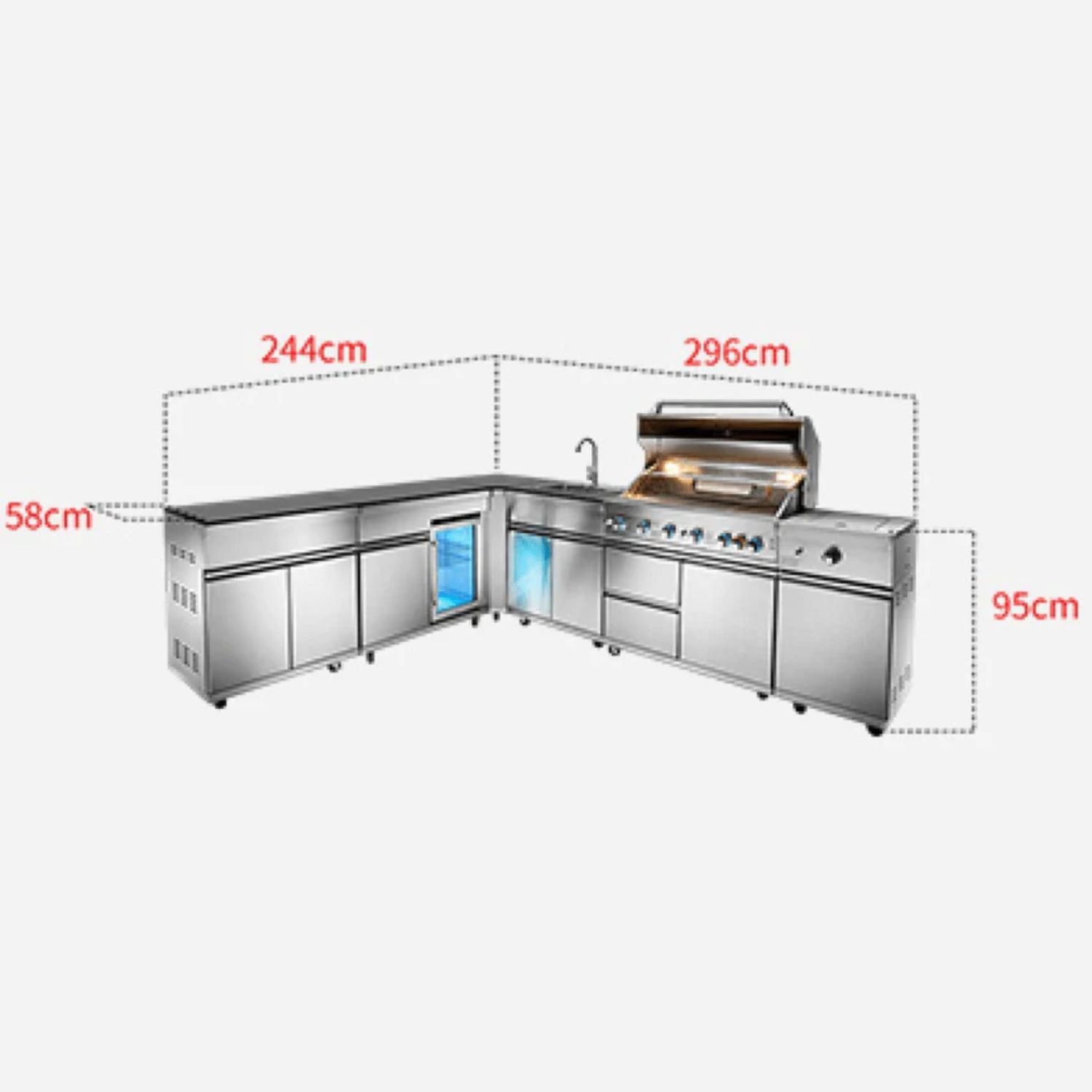 OMG Modular Outdoor L-Shape Kitchen (Large) & Fridge (6 + 1 Burners Gas BBQ Grill, Tap, Sink Side Burner, Fridge, Corner & Cabinet) - Aussie Meat