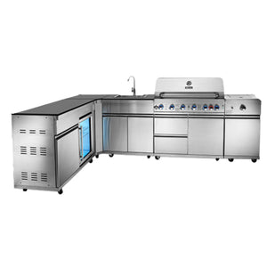 OMG Modular Outdoor L-Shape Kitchen (Small) with Fridge (6 + 1 Burners Gas Barbecue Grill, Fridge Tap, Sink, Side Burner, Fridge & Corner Unit)