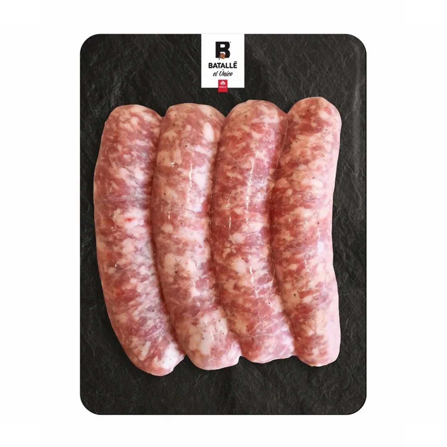 Four raw sausages on a black slate board with Batalle el Unico logo. - 西班牙無激素杜洛克豬肉香腸（4條，480g）