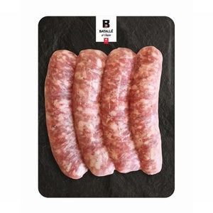 Four raw sausages on a black slate board with Batalle el Unico logo. - 西班牙無激素杜洛克豬肉香腸（4條，480g）