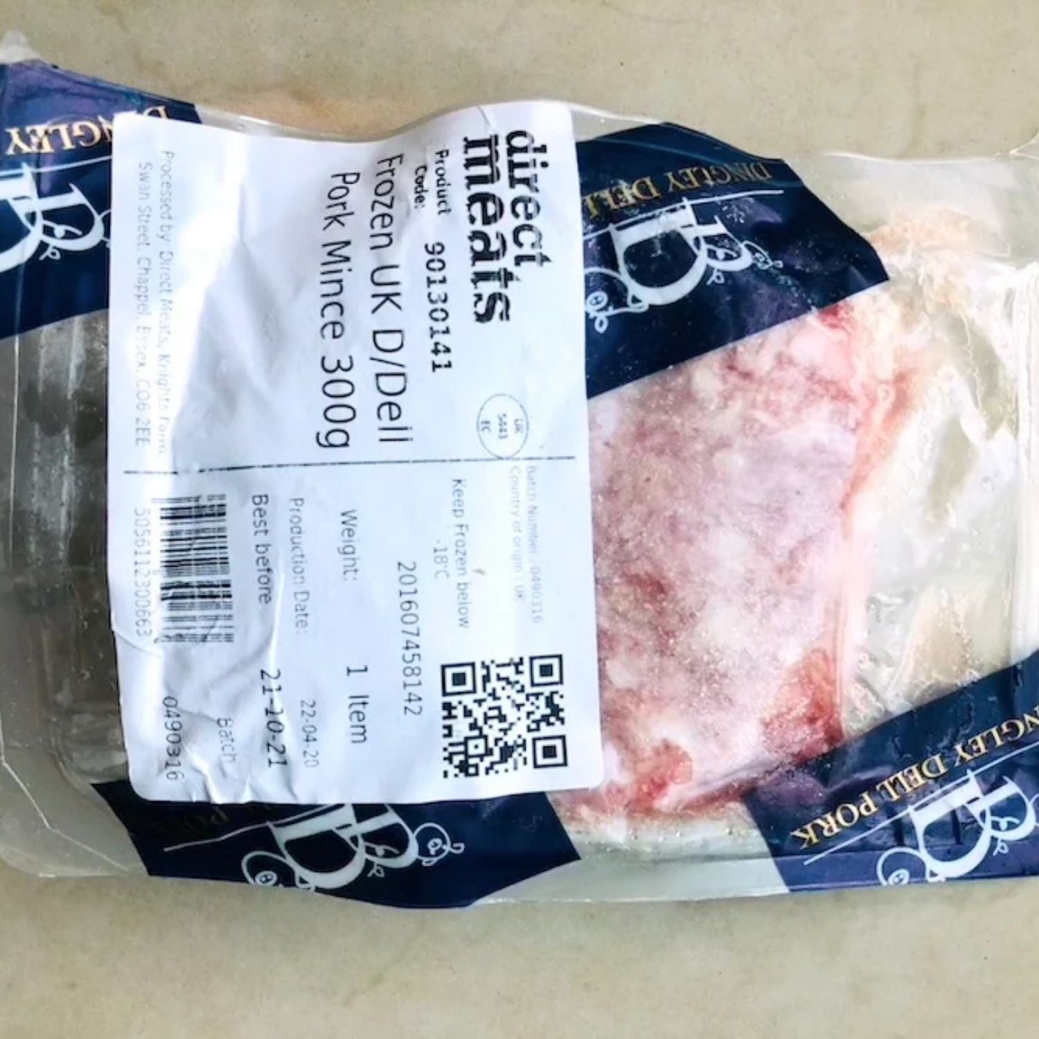 Packaged frozen pork mince with Direct Meats label on a beige background - UK Premium Duroc Pork Mince & Hormone Free (300g)