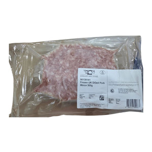 Packaged frozen pork mince with a label on a white background - UK Premium Duroc Pork Mince & Hormone Free (300g)