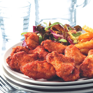 Plated dish of fried chicken drumettes with fries and salad on a white plate. - Wholesale Australian Hormone Free Chicken Drumettes (400g) | Buy 20 Get 6 Free