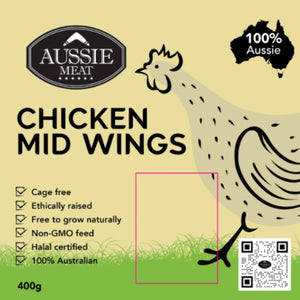 Package of Aussie Meat Chicken Mid Wings with chicken illustration and certification details on a beige background - 批發價澳洲無激素雞中翼(400克)|買二十送六